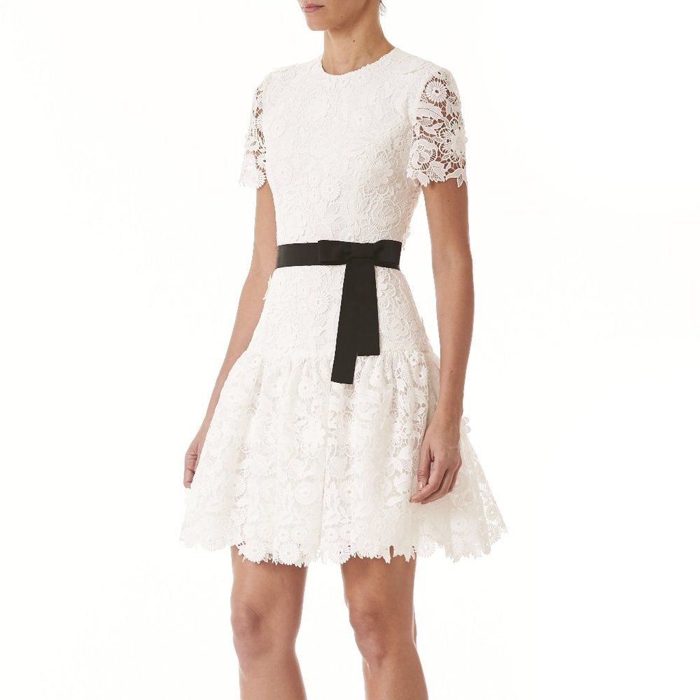 Carolina Herrera White Lace Midi Dress with Black Bow